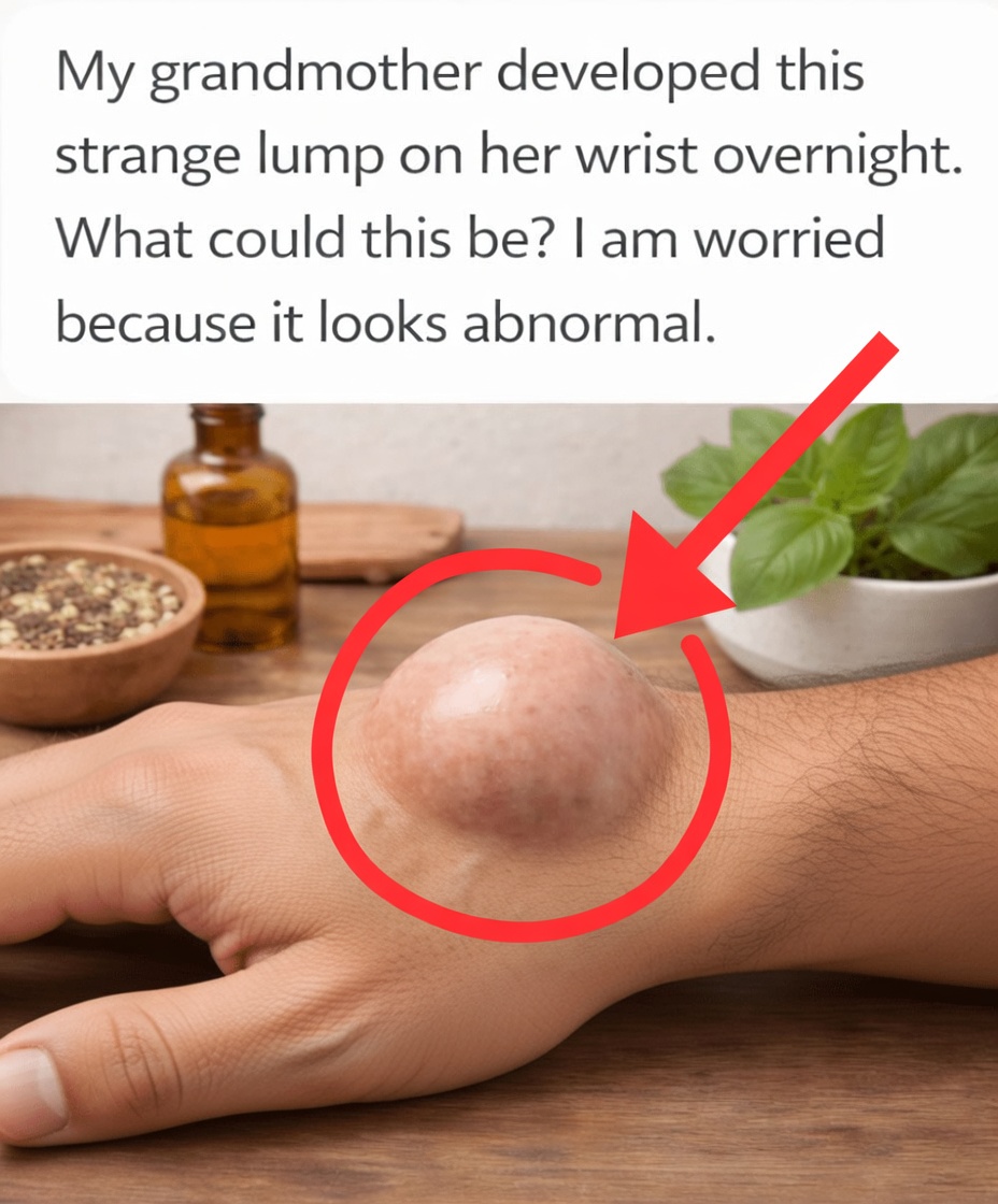 My grandmother developed this strange lump on her wrist overnight. What could this be? I’m worried because it looks abnormal